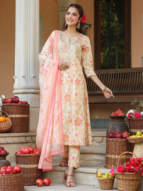 Cream Pure Cotton Floral Printed Yoke Embroidered A-line Kurta Set